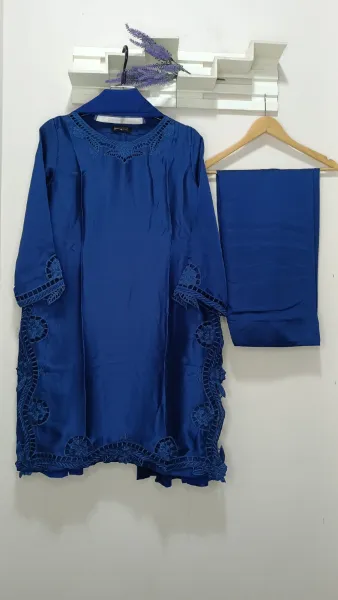 Pakistani Lasercut Silk Stitched 3Pcs with Chiffon Dupatta & Farshi Salwar _ Navy Blue